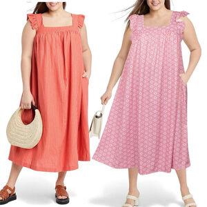 BOGO Ser of 2 plus size Women's Smocked A-line Midi Dress, Flutter Sleeveless,